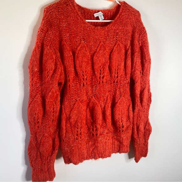 Topshop Women Eyelash Loose Knit Sweater 12 Red Petal Pointelle Wool Blend Cozy - Picture 2 of 9